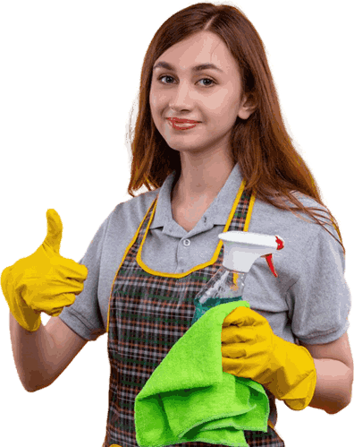 Smiling cleaner giving thumbs-up with supplies.